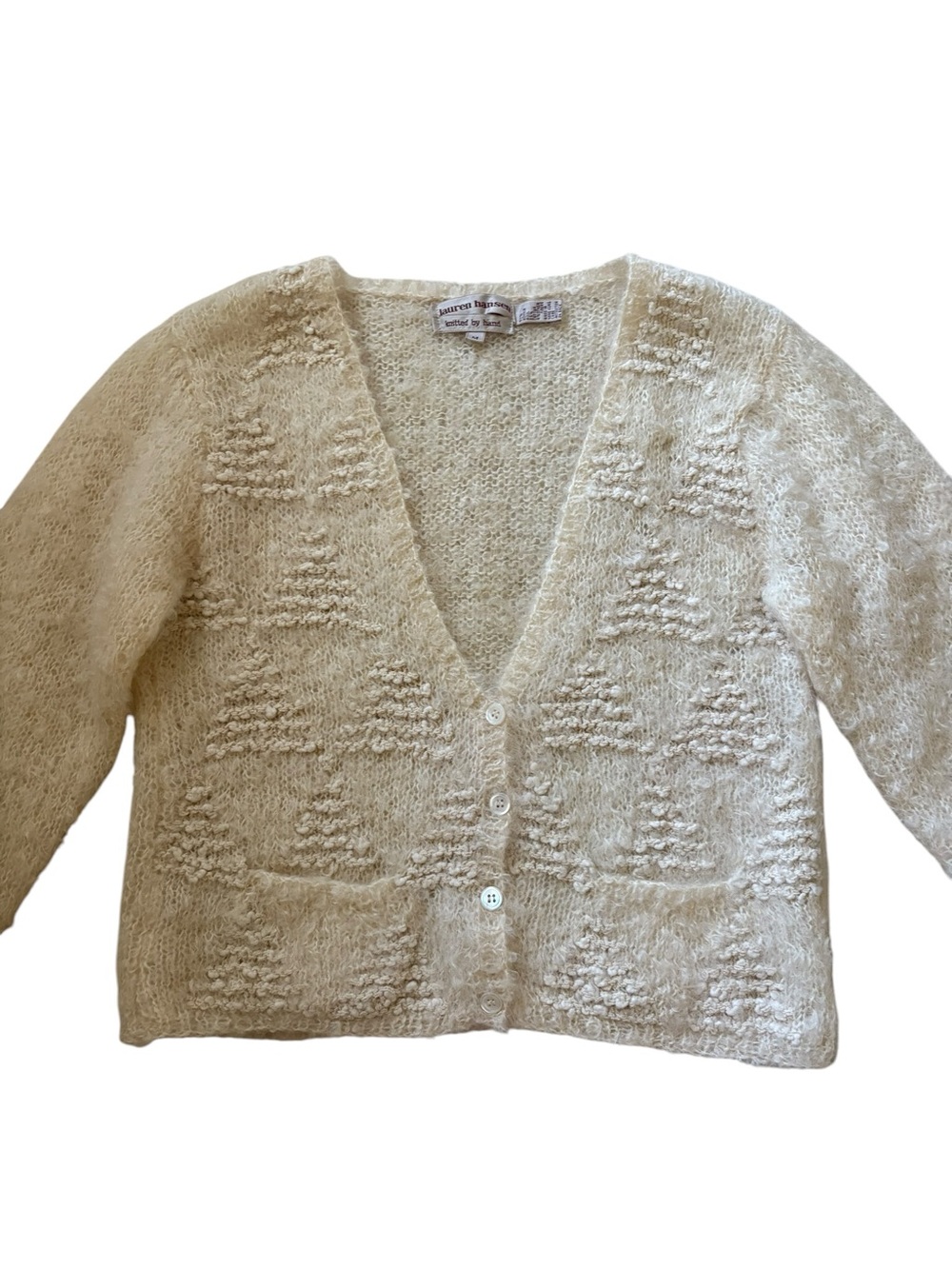 VTG Lauren Hansen Hand Knitted Mohair Wool Cardigan Cream Fuzzy Sweater M - Picture 12 of 15